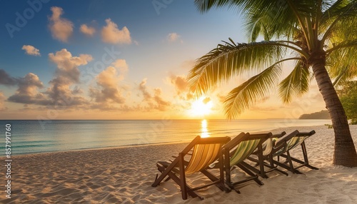 Idyllic sunrise on tropical beach with palm trees and chair, serene atmosphere