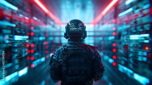 Futuristic Soldier in High-Tech Data Center Monitoring Advanced Systems at Night
