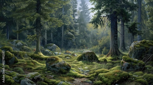 A painting of a forest with moss and rocks. The mood of the painting is peaceful and serene © At My Hat