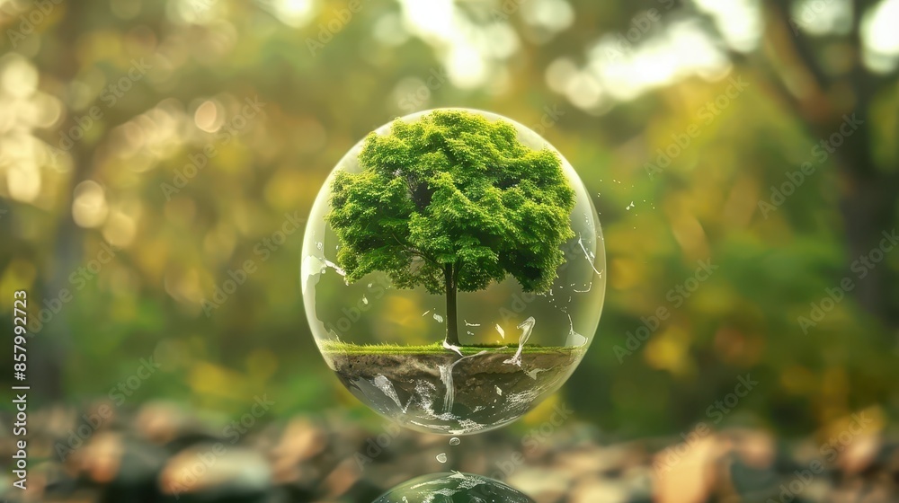 ecofriendly globe with lush green tree growing blurred nature background concept illustration