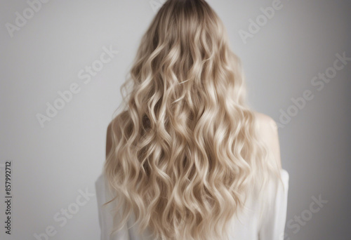 long and wavy women's hair in blonde tones, back view, hair advertising shoot, isolated white background 