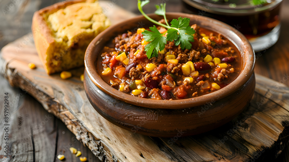 Fast food vegan chili served with a side of cornbread, presented on a rustic wooden board Fast food vegan chili served with a side of cornbread, presented on a rustic wooden board
