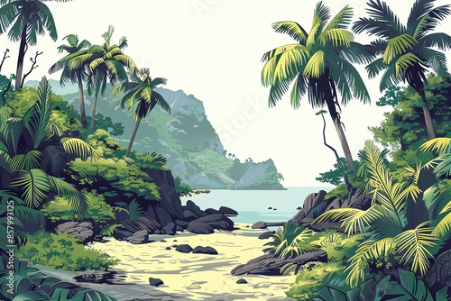 Scenic tropical beach with lush palm trees, rocky formations, and serene ocean view against mountain backdrop under a cloudy sky.