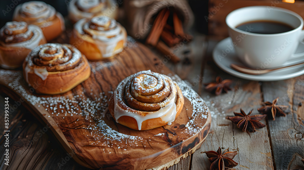 Fast food vegan cinnamon rolls served with a side of coffee, presented on a rustic wooden board Fast food vegan cinnamon rolls served with a side of coffee, presented on a rustic wooden board