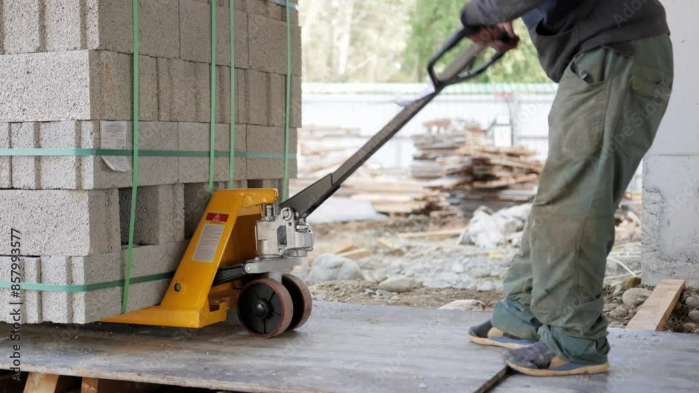 At a construction site, a worker transports concrete blocks on a dolly, facilitating construction activities At a construction site, a worker transports concrete blocks on a dolly, facilitating construction activities
