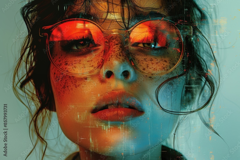 A striking artistic portrait featuring flowing hair, enhanced by digital effects that create a modern and captivating visual representation with an abstract touch.