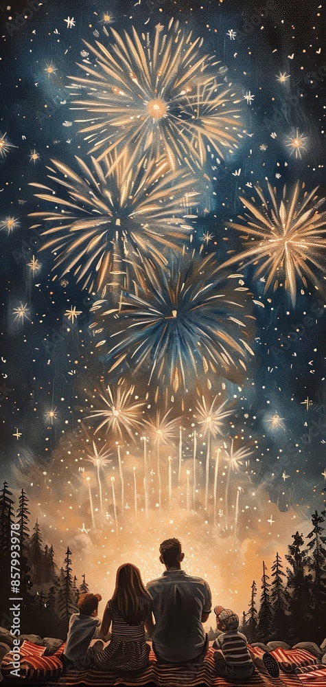 A family enjoys a spectacular fireworks display against a starry night sky, surrounded by nature, creating a magical and festive atmosphere. A family enjoys a spectacular fireworks display against a starry night sky, surrounded by nature, creating a magical and festive atmosphere.
