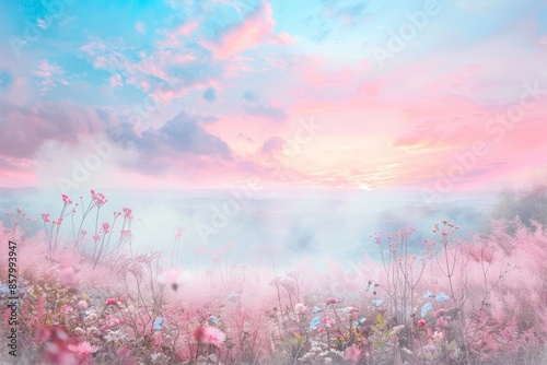a beautiful surreal landscape with a lake, blooming nature and clouds in pastel colors © Miss V