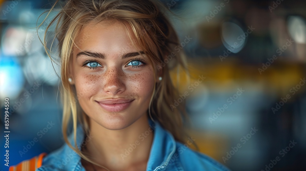 Cheerful Young Woman with Freckles Smiling Outdoors in Casual Denim Shirt Cheerful Young Woman with Freckles Smiling Outdoors in Casual Denim Shirt