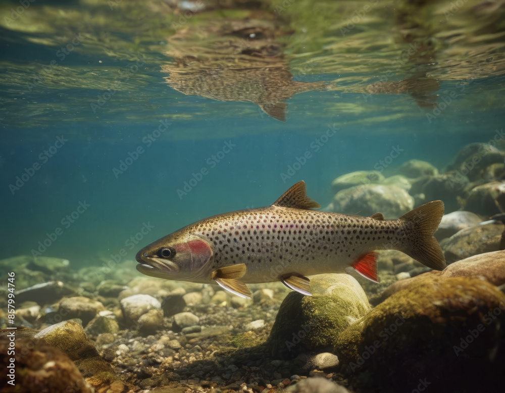 Fototapeta premium Una trota nuota controcorrente in un fiume, circondata da piccole onde. 