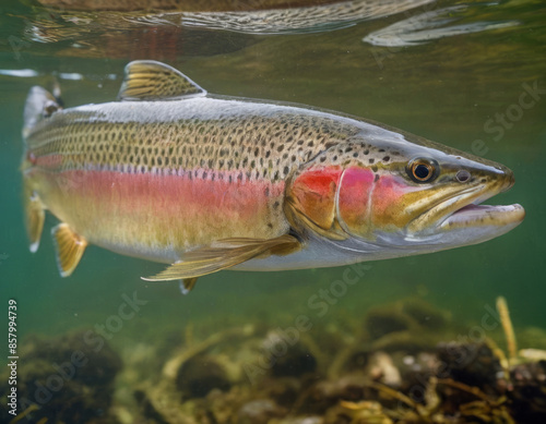 Una trota argentea sfreccia attraverso le acque trasparenti di un fiume montano.
 photo