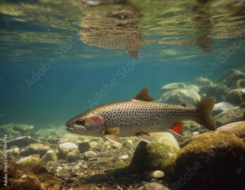 Una trota nuota controcorrente in un fiume, circondata da piccole onde. 