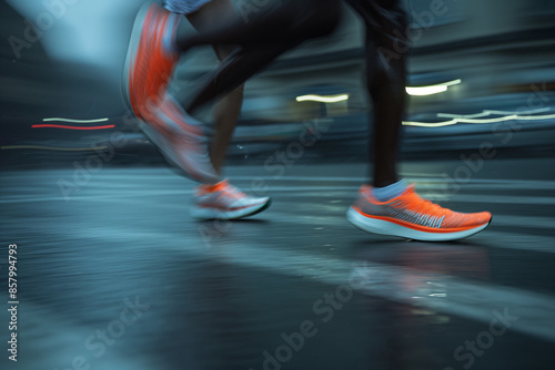 Blurred motion capture of vibrant running shoes mid-stride on an urban road, depicting speed and an active lifestyle. © apichat
