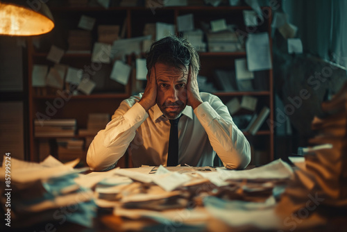 A stressed man lies on the floor, surrounded by an overwhelming amount of scattered papers, with a look of despair.