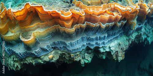 Stunning close-up of intricate cave formations with layered mineral striations, showcasing beautiful natural geological patterns. photo