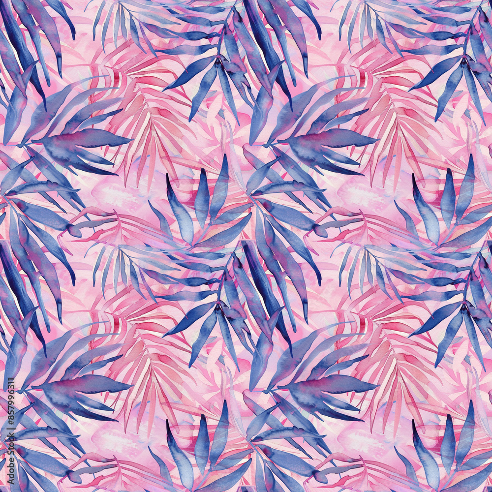 Seamless pattern of pink and blue palm tree leaves watercolor illustration Seamless pattern of pink and blue palm tree leaves watercolor illustration