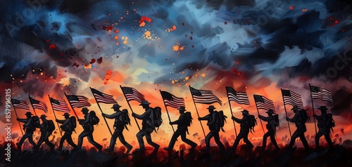 Silhouetted soldiers marching with American flags against a dramatic sky filled with vibrant clouds and explosions, symbolizing bravery and patriotism. © Mind