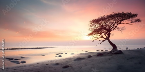 Tranquil Beach Scene with Tree at Sunset and Misty Fog Background. Concept Beach Photography, Sunset Silhouettes, Misty Landscape, Tree Portrait, Tranquil Atmosphere