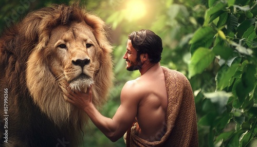 Genesis: Garden of Eden. The Man Adam Next to the Lion in peace. 