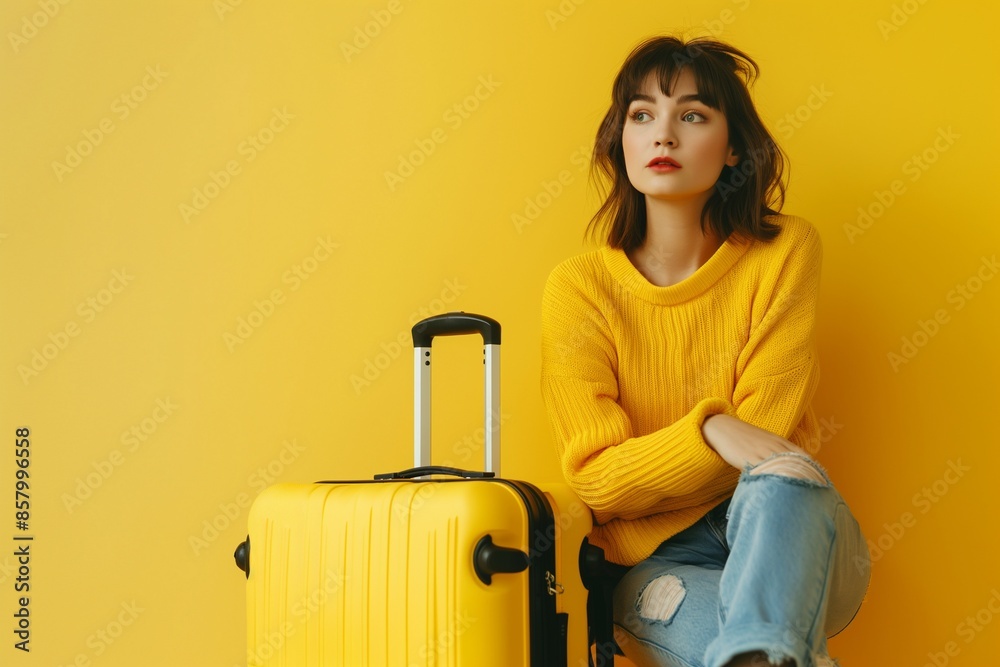 a Young woman sitting on a suitcase in the yellow background, Stylish Young Woman Sitting on a Suitcase, Bright Yellow Background Travel Inspiration, Travel Fashion, Young Woman with Suitcase on Vibra a Young woman sitting on a suitcase in the yellow background, Stylish Young Woman Sitting on a Suitcase, Bright Yellow Background Travel Inspiration, Travel Fashion, Young Woman with Suitcase on Vibra