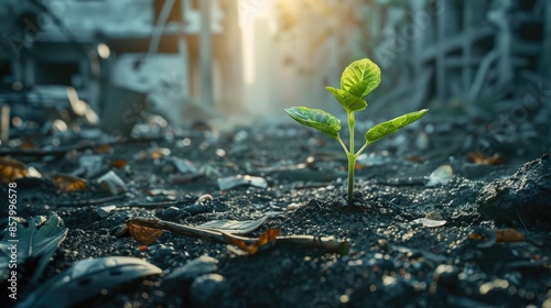 A small plant is growing in the dirt. The image has a mood of hope and growth photo