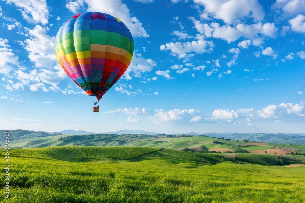 Fototapeta premium Hot Air Balloon Floating Over Green Field