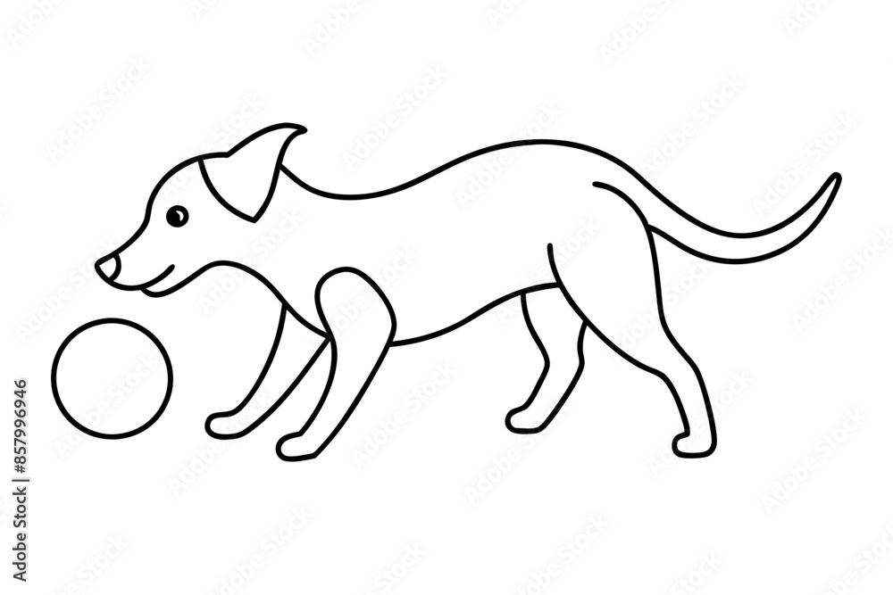 Fototapeta premiumdog playing with a ball line art drawing, isolated line art of a dog collection
