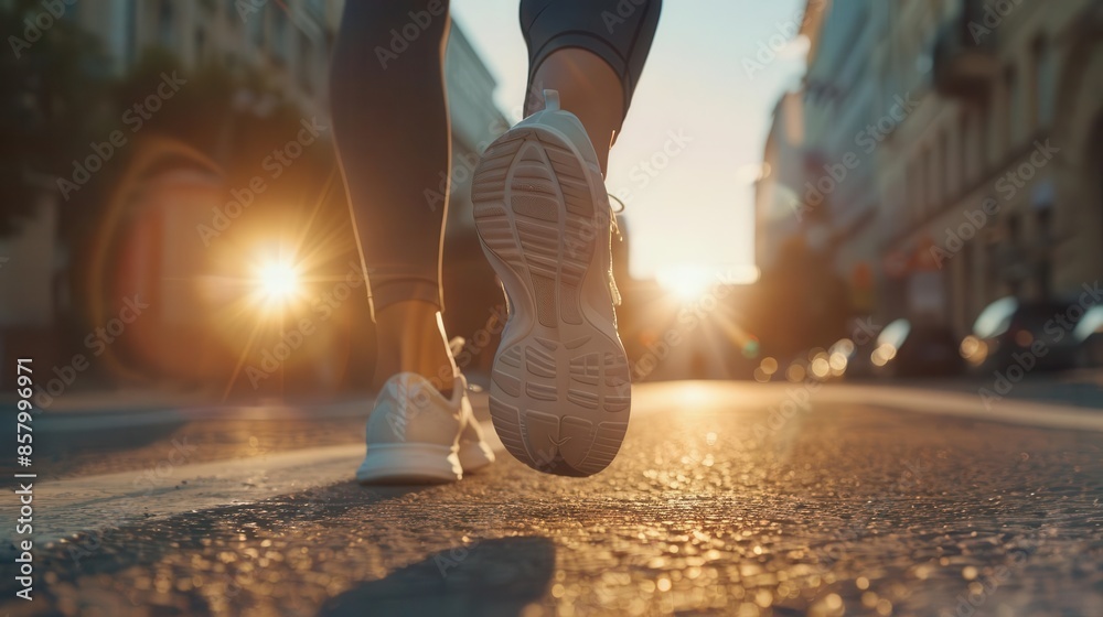 female runner jogging on urban street at golden hour closeup of sneakers in motion fitness lifestyle female runner jogging on urban street at golden hour closeup of sneakers in motion fitness lifestyle