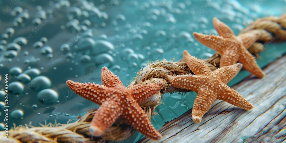 Several orange starfish are arranged on a braided rope, which appears to be floating over a calm body of water, creating a peaceful and visually inviting aquatic scene. Several orange starfish are arranged on a braided rope, which appears to be floating over a calm body of water, creating a peaceful and visually inviting aquatic scene.