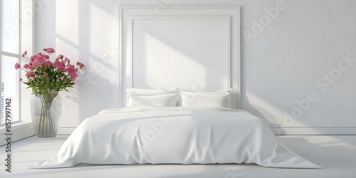 Elegant Display of a Large White Picture Frame in a White-Toned Bedroom. Concept Home Decor, Interior Design, Bedroom Styling, White Decor, Picture Frames