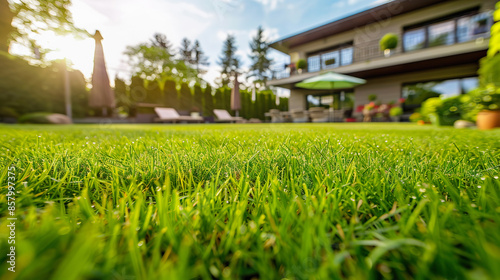 Backyard Garden on a Sunny Day with Lush Green Grass photo