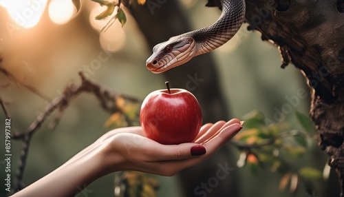 Bible Story: Genesis: First Sin: Woman Takes The Apple From The Snake. Eve Takes the Fruit in Garden of Eden.