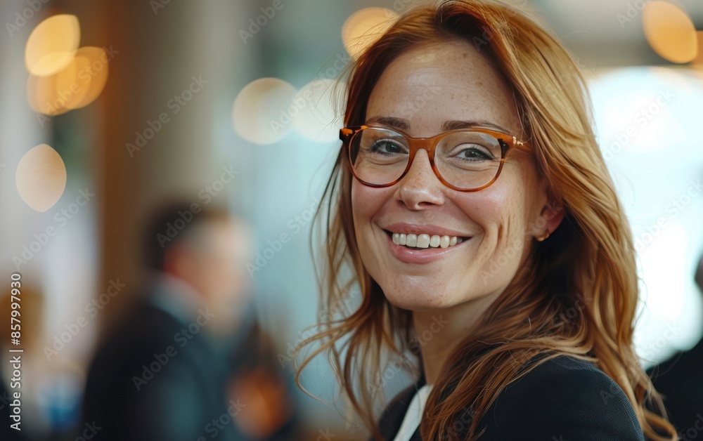 Smiling Woman With Glasses Looking at the Camera in a Business Setting Smiling Woman With Glasses Looking at the Camera in a Business Setting