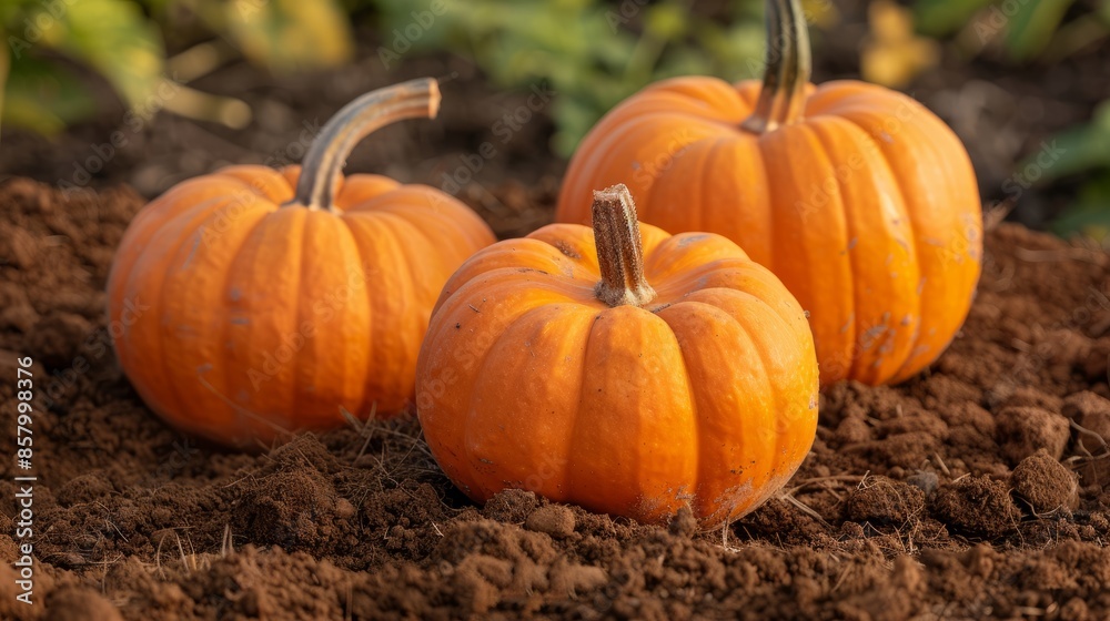 Orange pumpkins arranged on brown soil Orange pumpkins arranged on brown soil