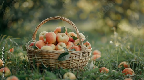 Ripe apples in a wooden basket on grass © Heinan Drawings
