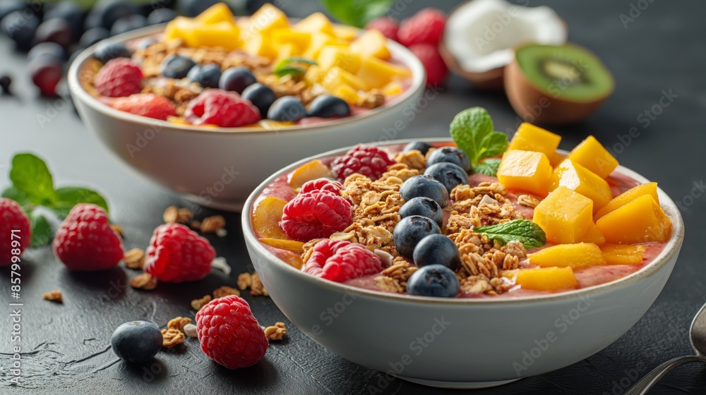 A vibrant bowl of acai topped with fresh raspberries, blueberries, mango chunks, and granola offers a delightful breakfast option. A vibrant bowl of acai topped with fresh raspberries, blueberries, mango chunks, and granola offers a delightful breakfast option.