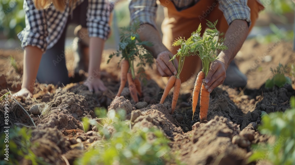 Couple harvesting carrots from the ground Couple harvesting carrots from the ground