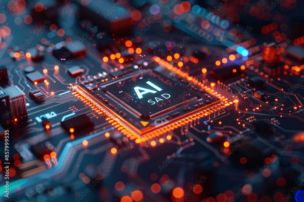 Obraz premium 3D render of a chip with a glowing brain on a circuit board, with the text 