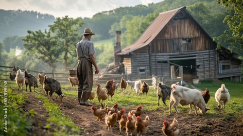 A picturesque barnyard with a variety of animals including chickens, goats, and pigs. A farmer is seen feeding the animals and ensuring their well-being. The image captures the daily responsibilities photo