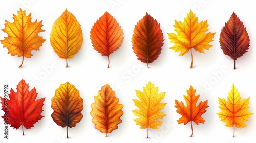 A vibrant collection of autumn leaves, each leaf detailed with hues of gold, orange, and red against a white background.