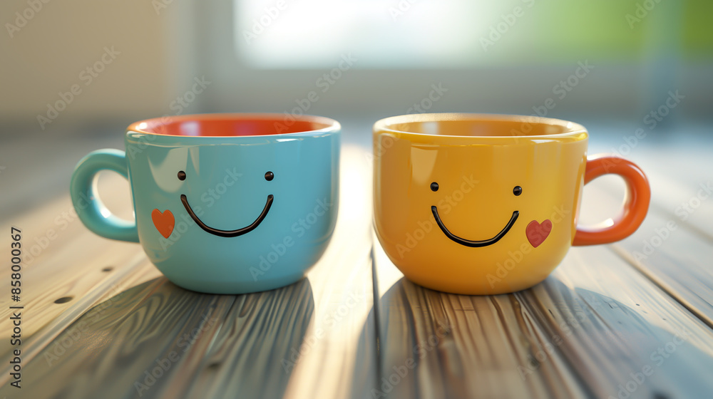 Fototapeta premium Two coffee cups with smiling faces, symbolizing a good morning and happy together concept, evoking joy and togetherness.
