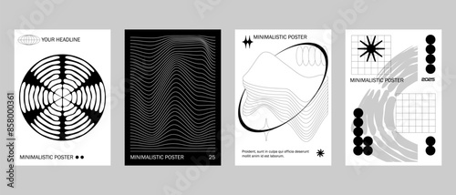 Posters with silhouette minimalistic basic figures, extraordinary graphic assets of geometrical shapes swiss style. Modern minimal monochrome print brutalist.