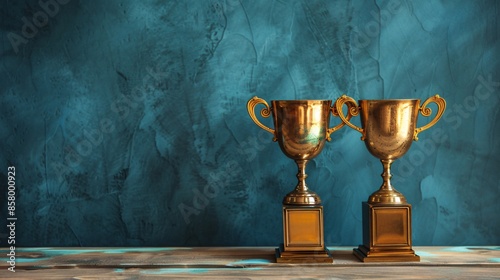 Two Golden Trophies on a Wooden Table Against a Blue Background