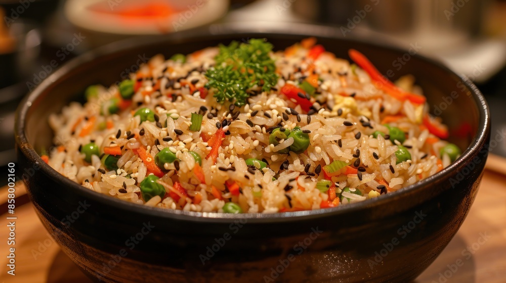 Close-Up of a Bowl of Fried Rice with Sesame Seeds Close-Up of a Bowl of Fried Rice with Sesame Seeds
