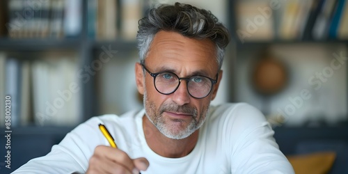 Middleaged man in glasses writing in notebook in his home office. Concept Professional Writing, Home Office Setup, Middle-aged Man, Eyeglasses, Notebook Writing photo
