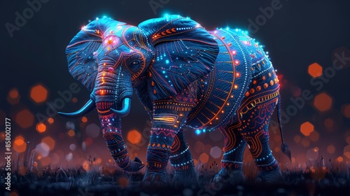 Illuminated Elephant in a Dreamlike, Colorful Fantasy Setting with Neon Lights photo