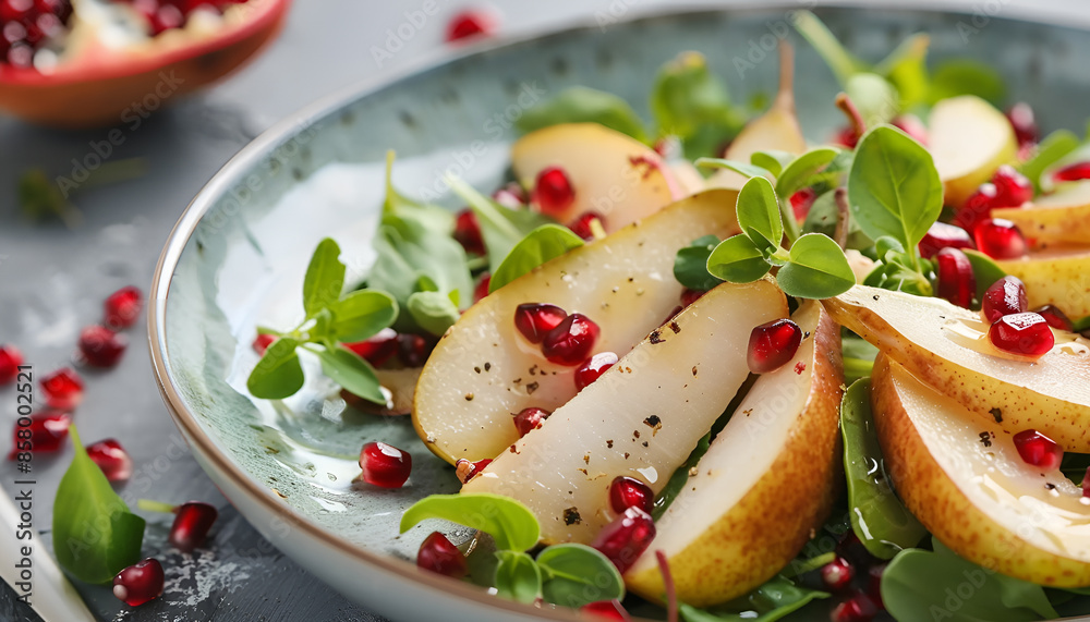 Tasty salad with pear slices and pomegranate seeds on table, closeup Tasty salad with pear slices and pomegranate seeds on table, closeup