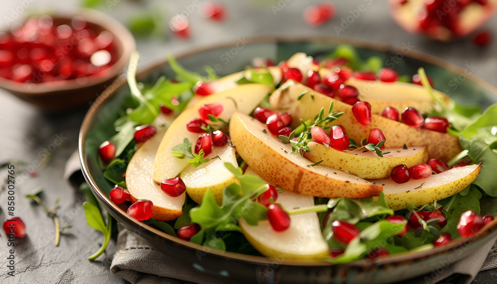 Tasty salad with pear slices and pomegranate seeds on table, closeup Tasty salad with pear slices and pomegranate seeds on table, closeup