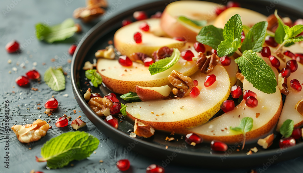 Tasty salad with pear slices and pomegranate seeds on table, closeup Tasty salad with pear slices and pomegranate seeds on table, closeup