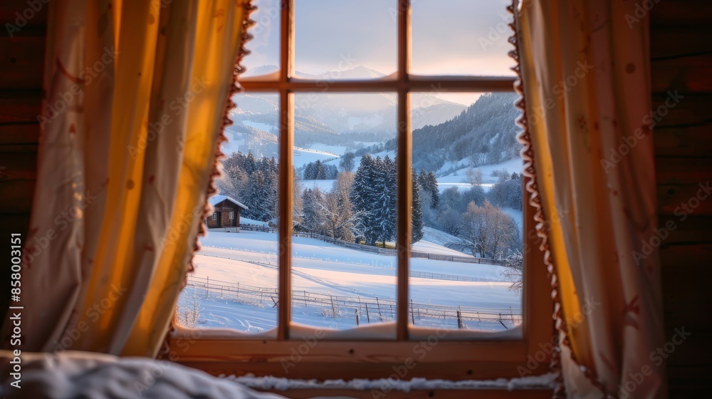 Open window with view of cozy cabin nestled in the hills Open window with view of cozy cabin nestled in the hills